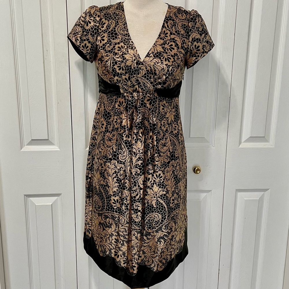 Mimi Maternity 100% Silk Black and Gold Midi Dress